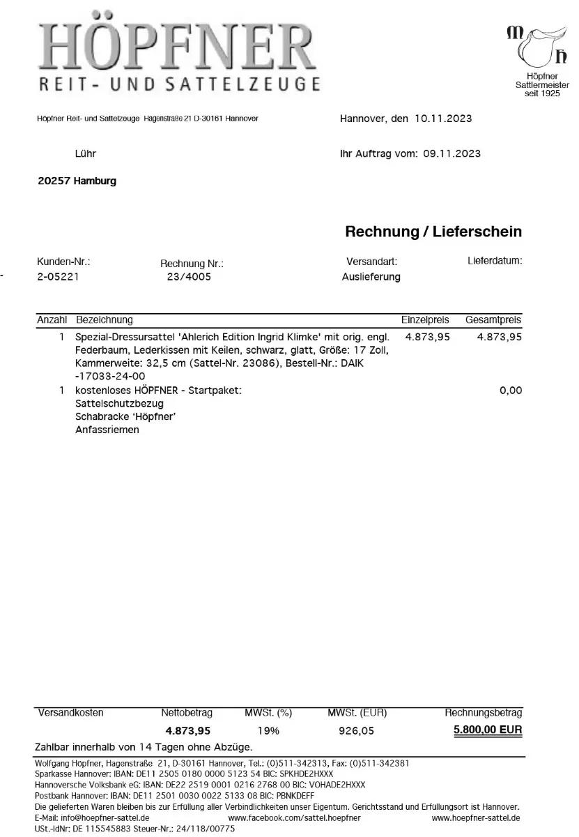 Hennig Dressursattel HÖPFNER : Ahlerich Edit. Ingrid Klimke  17" – Vorschau 10